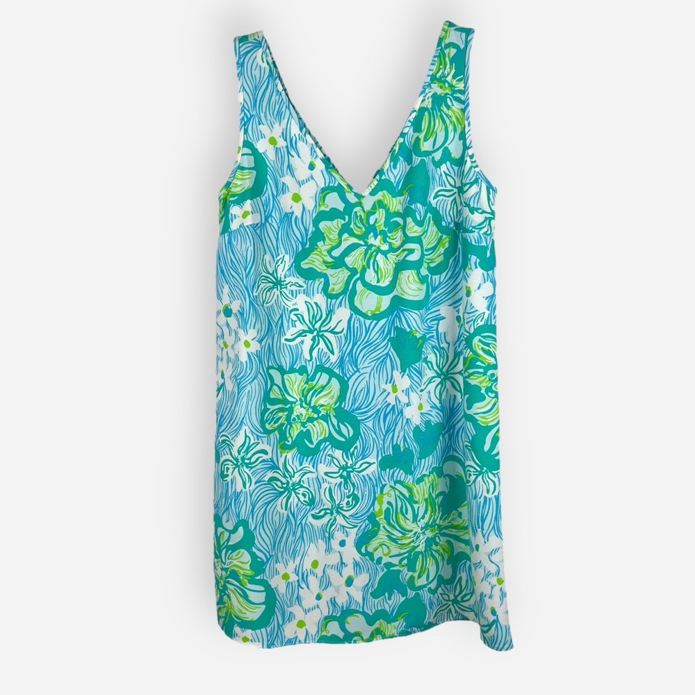 Lilly Pulitzer Dress Calissa Floral Blue Green‎ Sleeveless Mini Sz 2 Shift Crepe
